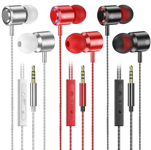 3 Pack Earphones, in ear Headphones Wired Earphones with Microphone and Volume Control, Clear Sound, Noise Isolating, 3.5mm Earbuds Wired for Samsung, PC,Tablet, iPad, MP3 and Other 3.5mm Devices
