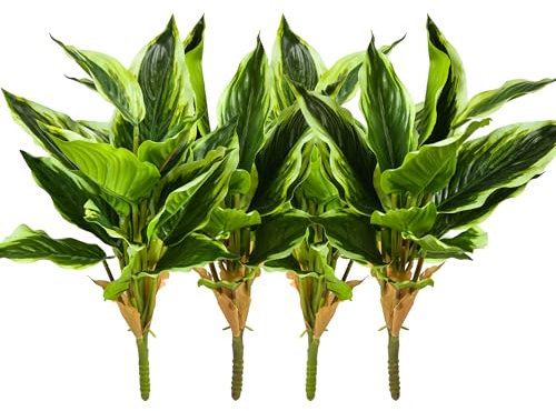 Shirfloral 4Packs Variegated Hosta Artificial Plant 17.7 Faux Green Dieffenbachia Plant Greenery Aesthetic House Plants Outdoor Shrubs Indoor Office Yard UV Resistant Planter Filler