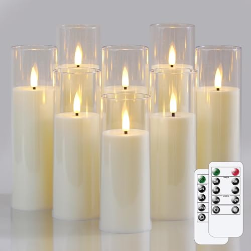 Wroxipel Packung mit 8 Acryl flammenlos flackernden 5,5 cm x 12,5 15 17,5 20 cm Elfenbein Kunststoff LED-Kerzen mit Fernbedienung, batteriebetrieben Zyklus Timerfunktion Kerzen
