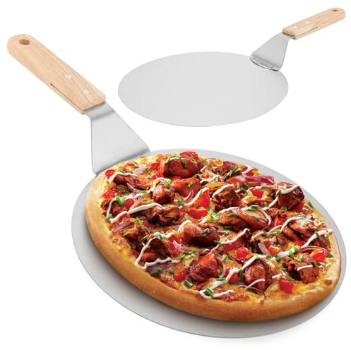 LDHHYH 2 Stück Pizzaschaufel aus Rostfreiem Stahl, 25.5x25,5CM/10 Zoll Pizzaschieber Mit Holzgriff - Rund und Perforiert für Hausgemachte Pizza