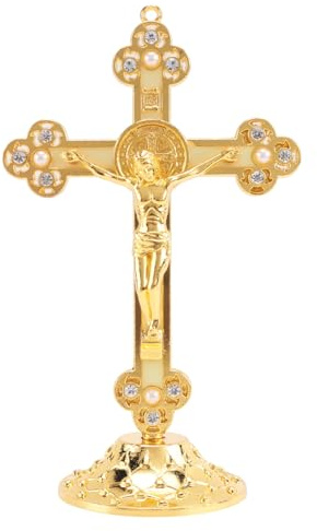 Exogio Krucifix Jesus kors-statyfigur, stående krucifix med sockel legering kors för hus kapell dekoration och religiösa presenter (guld)