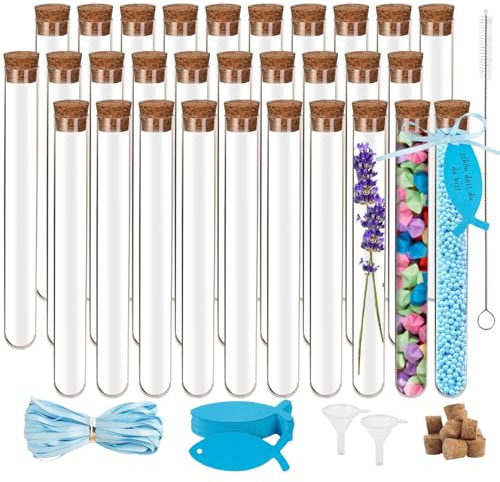 CYIOU 30 Pièces Tube a Essai Plastique 30ml (20x150 mm) Tube à Essai avec Bouchon Liège + 35 pcs étiquettes + 10m Ruban + 2 Pcs Entonnoirs en Plastique Tube Plastique Transparent pour Fleurs Bonbons