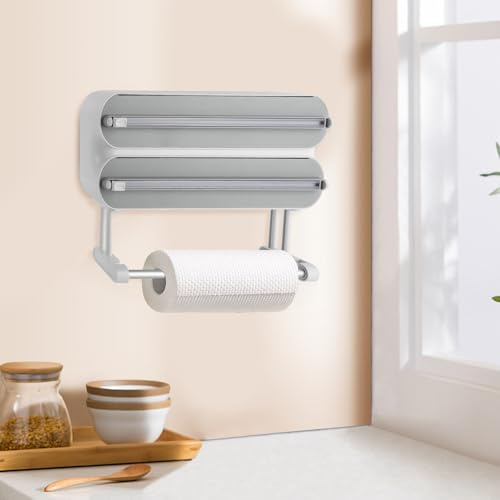 3 in 1 Wandrollenhalter Küche – Küchenrollenhalter Schneidabroller für Alufolie und Küchenrolle – Wandmontierbares Küchenregal mit scharfen Klingen für Küche und Restaurant (Grau)
