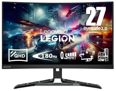 Lenovo Legion R27qc-30 - Monitor Gaming Curvo 27 (180Hz, 0.5 ms MPRT, 16:9, 2560 x 1440 px, HDMI+DP, Altavoces 3Wx2, EyeSafe) VESA 100mm, Soporte Inclinable, Giratorio y Ajustable en Altura - Negro