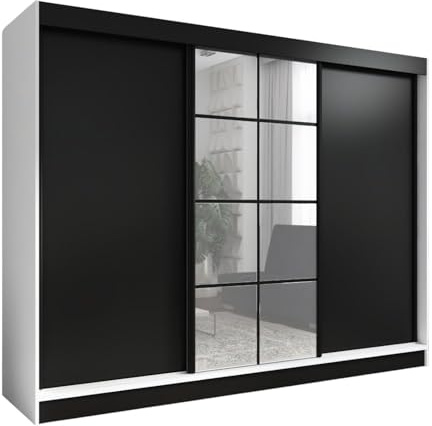 A&J MöbelLand Schwebetürenschrank ORAVELLE Kleiderschrank 3-türig mit Schubladen und Spiegel Garderobenschrank 200 cm (Weiß/Schwarz)