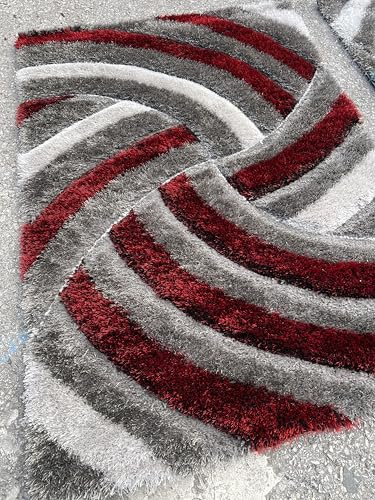 OrientalRugCompany Rugs 3d Shaggy rug 120x170cm Living Room New Carved Design Grey/Silver/Red Modern Home Rugs/Carpets/Mats Medium/Large Size Super Thick Pile 5CM Heavy weight