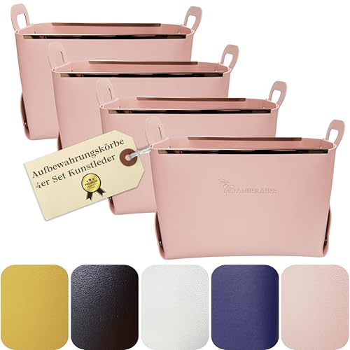 Amber&Bee Lederoptik Aufbewahrungskorb 4er-Set dekorativ (Blush Rose Rosa)