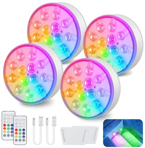 4 Stück LED Poolbeleuchtung Unterwasser Wiederaufladbare, Unterwasser Licht mit Fernbedienung, IP68 Wasserdichte Teichbeleuchtung, Für Pool, Springbrunnen, Teiche, Aquarien, Hochzeiten, 16 Farben
