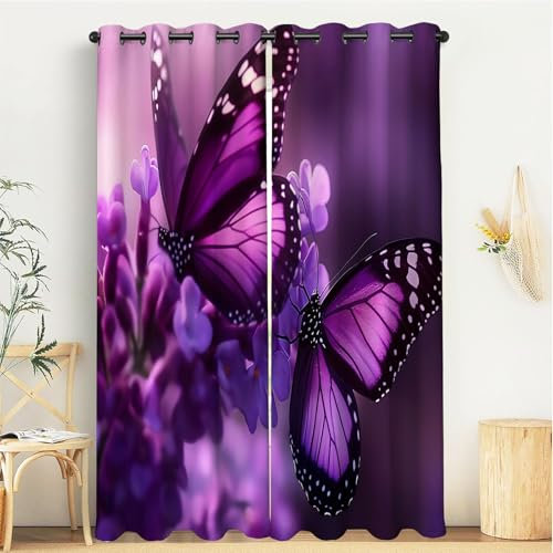 Cortinas Infantiles Niña Niño Habitacion Opacas para Púrpura Mariposa Lila Animales De La Naturaleza 140Anx175Al Cm Cortinas Salon Dormitorio Juvenil 2 Piezas Cortina Opacas Termicas