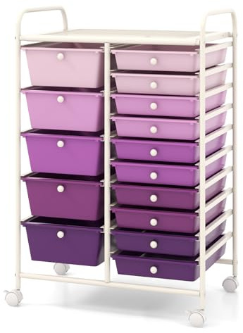 COSTWAY Chariot de Rangement à Roulette 15 Tiroirs en PP, Tour de Rangement avec Tablette, Cadre en Métal, Desserte Meuble Tiroir pour Cuisine École (Violet Dégradé)