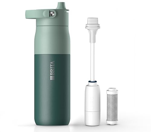 BRITA LARQ Essential Filter Trinkflasche mit Strohhalm grün (680 ml) | Edelstahl Wasser-Flasche, doppelwandige Isolierung (24h kalt), Aktivkohle Wasserfilter, filtert PFAS, Chlor & mehr
