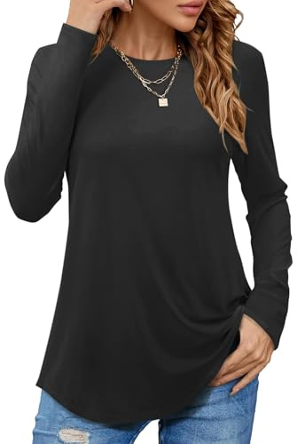 PLOKNRD Women's Long Sleeve T-Shirt Crewneck Casual Tunic Tops | Curved hem regular-fit tee, soft & breathable fabric, flowy tunic silhouette offers a flattering look for daily wear