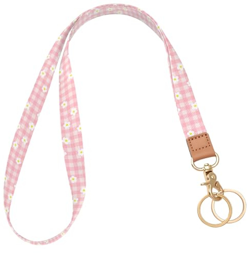 Knagsfa Lanière pour Badge et Clés, Long Cordons de Cou avec Crochet en Métal pour Badges d'Identification, Porte-clés Lanière Mignon pour Femmes, Fleurs à Carreaux Roses
