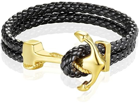 Bracelet Homme Cuir Ancre Mendes Or Noir - 19cm