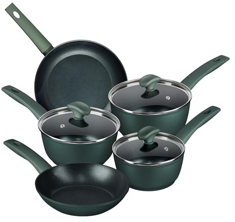Prestige Earth Friendly Non-Stick Induction Saucepan & Frying Pan Set with Lids – 5 Piece, Non-Toxic, Recycled Aluminium, Made in Italy, Green