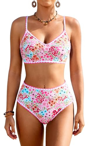 Jolefille High Waisted Bikini Sets for Women Tummy Control Swimsuit Two Piece Bathing Suit Modest Swimwear Cute Floral Teens