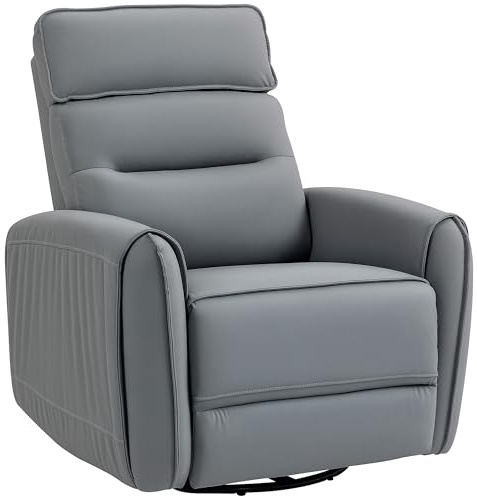 HOMCOM Poltrona Relax Reclinabile Manuale 135° con Poggiapiedi, Seduta Ampia, Poltroncina Reclinabile Imbottita Girevole con Dondolo, in Tessuto Effetto Pelle Traspirante per Salotto Soggiorno, Grigio