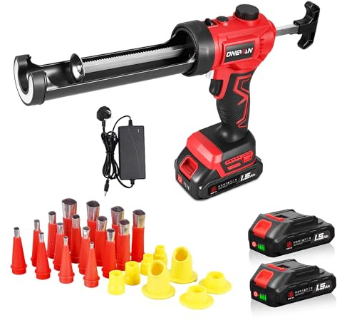 ONEVAN Cordless Sealant Gun 300ml, LED Light, Drip-Free, 24 Nozzles | 300KG Thrust, Adjustable Speed(70-210mm/min), Copper Motor, 2 x 1.5Ah Battery Running 40Min, for Filling Gaps and Cracks