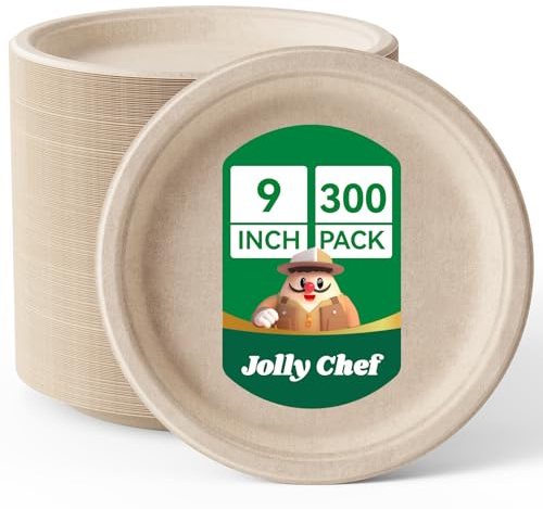 JOLLY CHEF Zuckerrohrteller Kompostierbare 9 Zoll, 300 Stück Natürlich | Biologisch Abbaubare Bagasse-Platten aus Natürlichem Zuckerrohr, Robuste Einwegplatten Ideal Für Partys