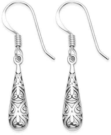 Sterling Silver Filigree Teardrop Earrings - SIZE: 5.5mm x 20mm (34 inc.wire) - Gift Boxed. SMALL & DAINTY. Not double sided. 6158