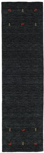 RugVista Gabbeh Loom Two Lines Teppich, 80 x 250 cm, Schwarz/Grau | Gabbeh, Rechteckig, Niedriger Stapel, Nur chemische Reinigung, Oeko-Tex 100, Wohnzimmer, Esszimmer, Schlafzimmer, Diele