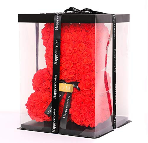Romeo&Love Rosenbär 25cm ROT MIT Gravur Wunsch BOTSCHAFT Deko künstliche Rosenbären mit Rote Rosen Blumen Rosen Bear aus Rosen Verliebte Valentinstag Geburtstag Jahrestag Hochzeit Liebes Geschenk