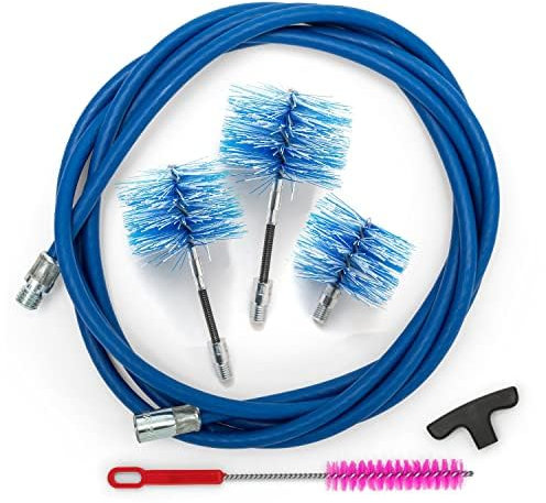 BARETTO Kit Pulizia Stufa a Pellet, Prolunga di 3 Metri per Pulizia dei Tubi Canna Fumaria con Curvatura a 90°, Scovolino, Manico, 2 Scovoli Flex in Nylon da 80 mm e 100 mm, 1 Standard da 120 mm (3 M)