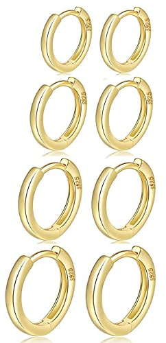 MOROTOLE 4 Paar kleine Creolen für Damen 925 Silber Post Huggie Set 18 Karat Gold/Silber Creolen Schläfer Ohrringe für Mädchen Mehrere Piercings Kleine Kugelohrstecker