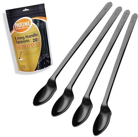 Long Plastic Spoons - 9 Inch - Heavy Duty Long Handle Spoon For Stirring, Black Coffee Spoons - Espresso, Iced Tea Spoon Long Handle Milkshakes, Bars & Jars, (20-Pack 9'' Teaspoons).