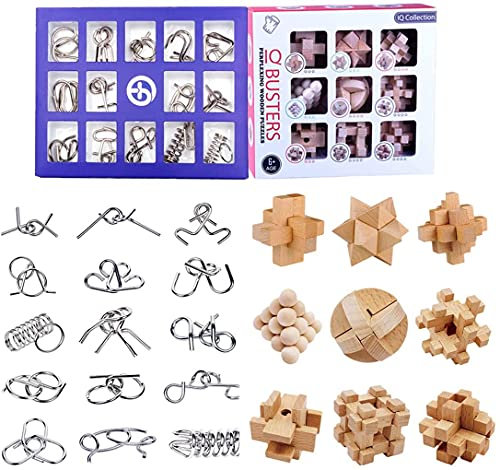 Adventskalender 2022 Knobelspiele IQ Spiele Set, 24 Stück Metallknobelspiele Holz Knobelspiele Weihnachtskalender, 3D IQ Puzzles Geduldspiele Denkspiel für Kinder und Erwachsene (#1)