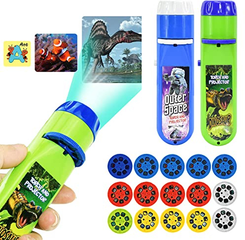 Torch Projector Projection 2PCS, Kids Flashlights Toys Lighting Story Torches Slide Lamp Educational Learning Bedtime Night Light for Children, Toddler, Boy, Girl (120 Images, Dinosaur & Space)
