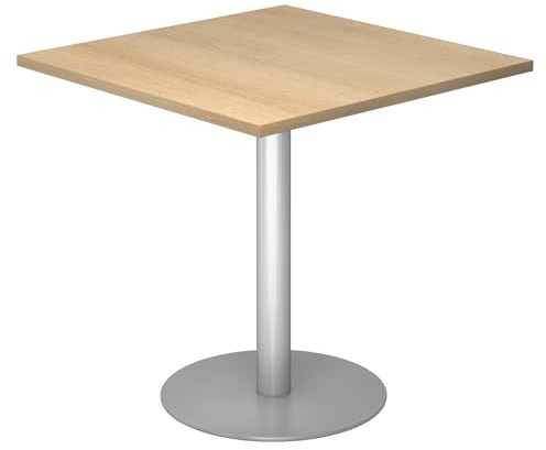 bümö Besprechungstisch, Esstisch klein, Tisch eckig 80x80 cm - Kleiner Esstisch Eiche, Rundtisch Esstisch 2 Personen mit Holz-Platte, Säule aus Metall in Silber, Konferenztisch, Bistrotisch