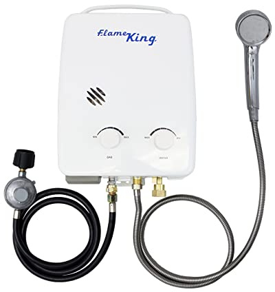 Flame King YSNAZ132 Portable Tankless Water Heater Propane Gas 5L 1.32GPM at 34,000 BTU, Outdoor Instant Hot Water Shower for RV, Camping, Farm, Cabins