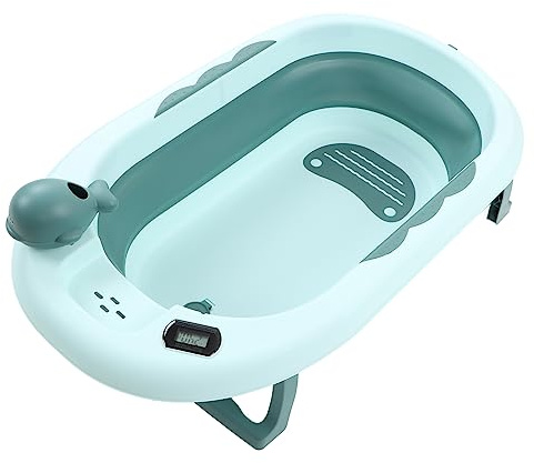RiToEasysports Baby-Badewanne mit Temperaturmessung, Faltbarer, Dicker Badeeimer Zum Sitzen und Liegen mit Abflussloch L (Hellgrün)