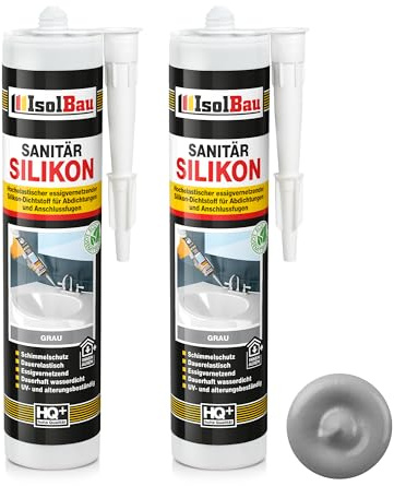 Isolbau Sanitär Silikon 2 x 300 ml Grau - Hochelastischer Silikon-Dichtstoff für Abdichtungen & Fugen - wasserdicht - Kartusche