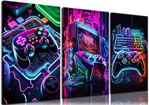 BGFCE Game Room Decor Set of 3 - Neon Gaming Accessories Theme Canvas Wall Art, Gamer Console Paintings Posters Picture Wall Decor for Children Youth Boys Bedroom 16x24in Framed
