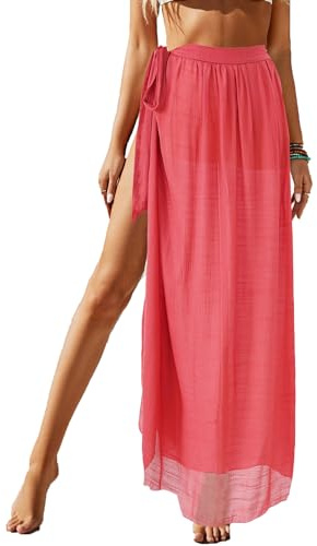 Jarseila Pareo Dam Lång Kjol Elegant Strand Omslag Sarong Chiffong Cover Up Badkläder Strandbikini Täcker 2024, Röd, one size