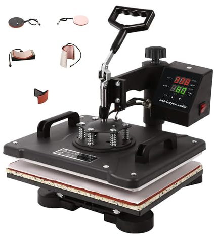 Hitzepresse 5-IN-1 Transferpresse 12x15 (30x38 cm), Heißpresse Maschine Textilpresse Multifunktionale Sublimation T-Shirtpresse Becherpresse Tassenpresse, für Hüten Tellern Tassen 360-Grad-Drehbar