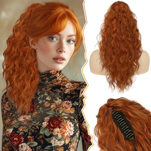 BARSDAR Coleta Postiza Pelo Natural, 45cm Pinza de Garra Cola de Caballo Extensiones de Pelo Larga Ondulada Multi Layered Sintética Postizos de Pelo para Mujeres - Jengibre Cobre