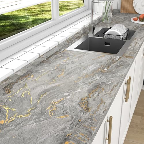 HotDecor Tapete Grau Gold Klebefolie Möbel Marmor Folie für Tisch Schrank Abwaschbare Küchentapeten Dekofolie Marmor Möbelfolie Grau Gold Selbstklebend Klebefolie Arbeitsplatte Küche 60cm X 300cm