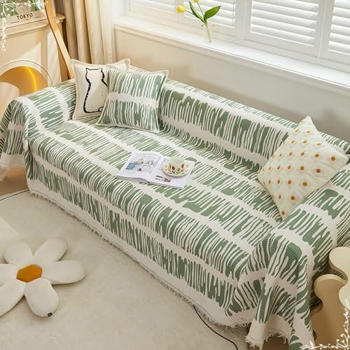 Epinki Sofaüberwürfe, 180x280CM Sesselbezug Relaxsessel Geometrische Streifen Muster, rutschfeste Sofaüberwurf Hund aus Baumwolle Leinen Anti-Rutsch-Couch, Grün