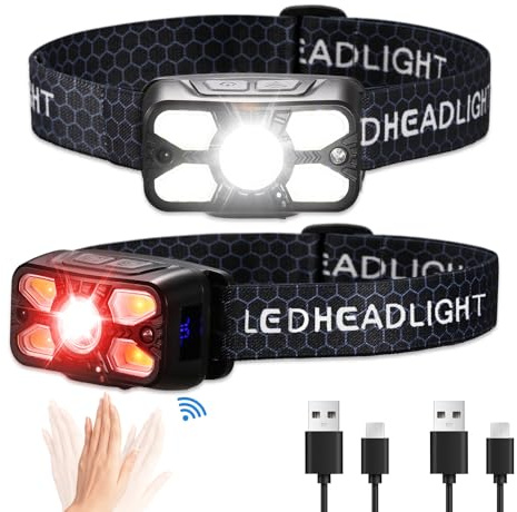 Chemailon Lot de 2 lampes frontales rechargeables, super lumineuses à 5 LED avec lumière rouge, 14 modes, étanches, détecteur de mouvement, lampe frontale réglable pour adultes et enfants