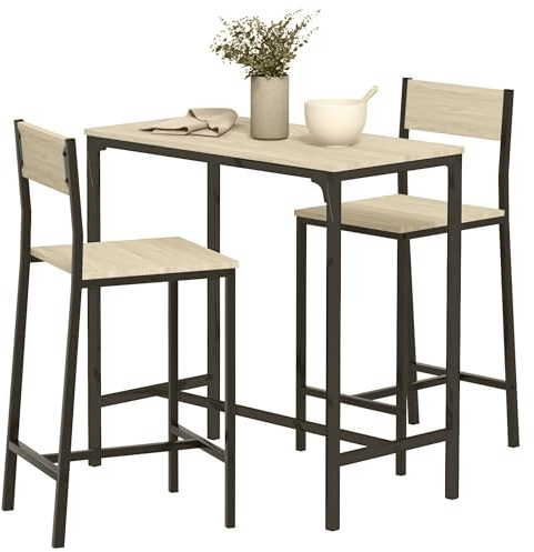 HOMCOM 3 Piece Bar Table and Chairs, Industrial Dining Table Set for 2, Counter Height Kitchen Table with Bar Stools, Breakfast Table Set for 2 for Small Space, Oak