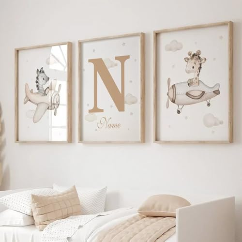 3 Bilder Babyzimmer Beige 30x40 Wandposter Personalisiert Baby Wandbilder Kinderzimmer Name Safari Tiere Poster Kinder Giraffe Zebra Wandbild Babyzimmer Wolken Sterne Poster Leinwand ohne Rahmen