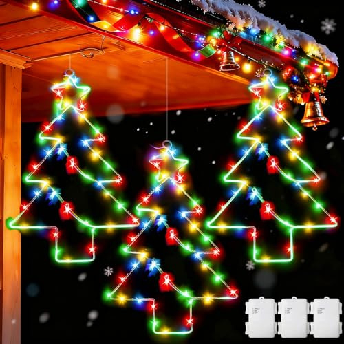 Dekofun Weihnachtsdeko Fenster 3 Stück 55 LED Großes Metall Hängend Weihnachtsbaum Fensterbeleuchtung Batterie mit Timer, Weihnachtsbeleuchtung Außen Wasserdicht Stern Fenster für Deko - Mehrfarbig