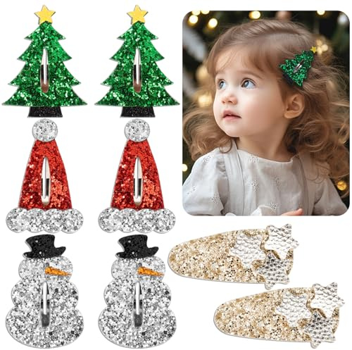 BOFUNX 8 Stück Weihnachten Haarspangen Kinder Glitzer Weihnachten Haarschmuck Cartoon Haarclips Weihnachtsschmuck Weihnachtsgeschenke für Mädchen Kinder