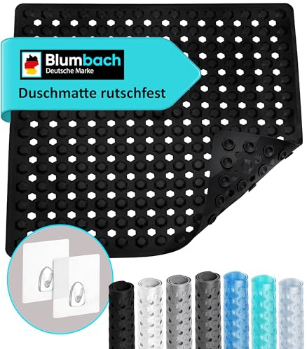 Blumbach® Duschmatte rutschfest 53x53cm - Inkl. 2 Haken zum Aufhängen | 100% BPA-frei, griffige Antirutschmatte Dusche, Badewannenmatte schimmelresistent, Duscheinlage Rutschmatte maschinenwaschbar