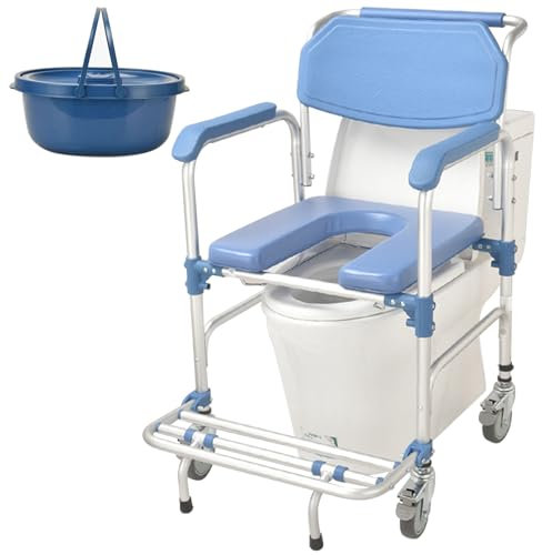 Miuxe Chaise de Douche roulante avec roulettes et Seau Amovible, Toilettes de Chevet Multifonctions 3 en 1 en Aluminium pour Personnes âgées, Chaise de Transport, Chaise de Bain roulante