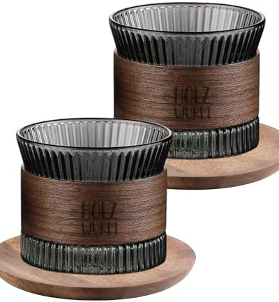 Holzwurm Lot de 2 tasses à expresso en verre 170 ml avec bois de noyer, verres à cappuccino, tasses à thé pour thé, tasses à expresso, moka pour les amateurs de café (noir)