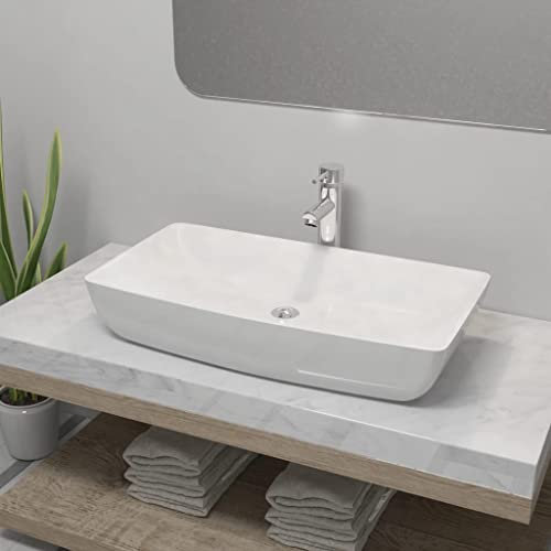 ShGaxin Lavabo de Baño Rectangular con Grifo Mezclador, Lavabo sobre Encimera, Lavabo Baño, Muebles De Baño, Mueble Lavabo, cerámica Blanco